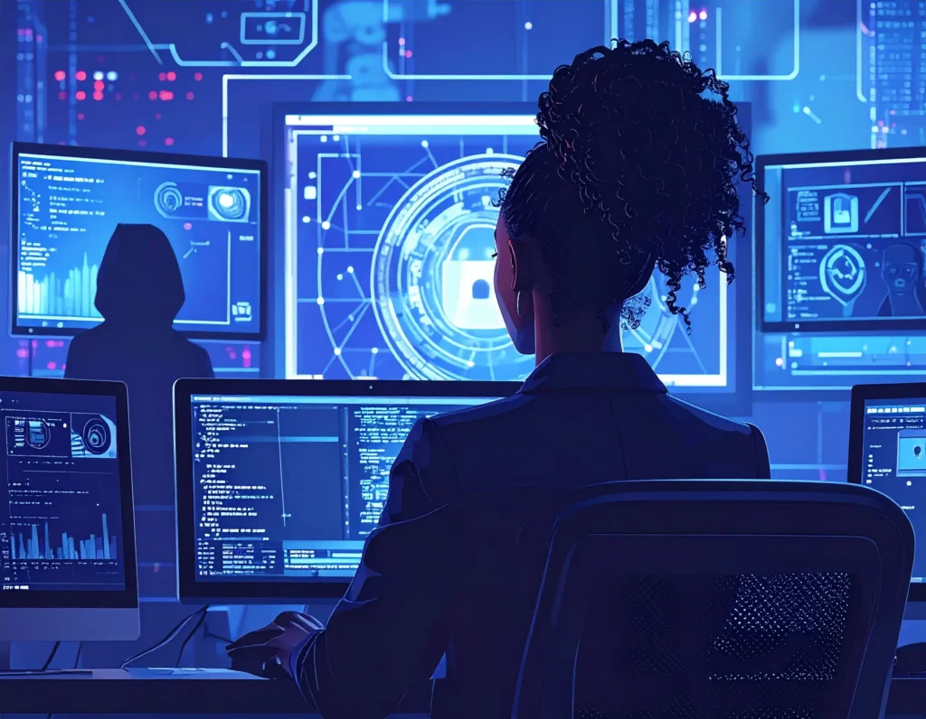 Futuristic woman of color sitting in front of computer screens of multiple sizes.