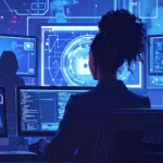 Futuristic woman of color sitting in front of computer screens of multiple sizes.