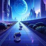 Futuristic scene of footprints along a path heading off in the distance.