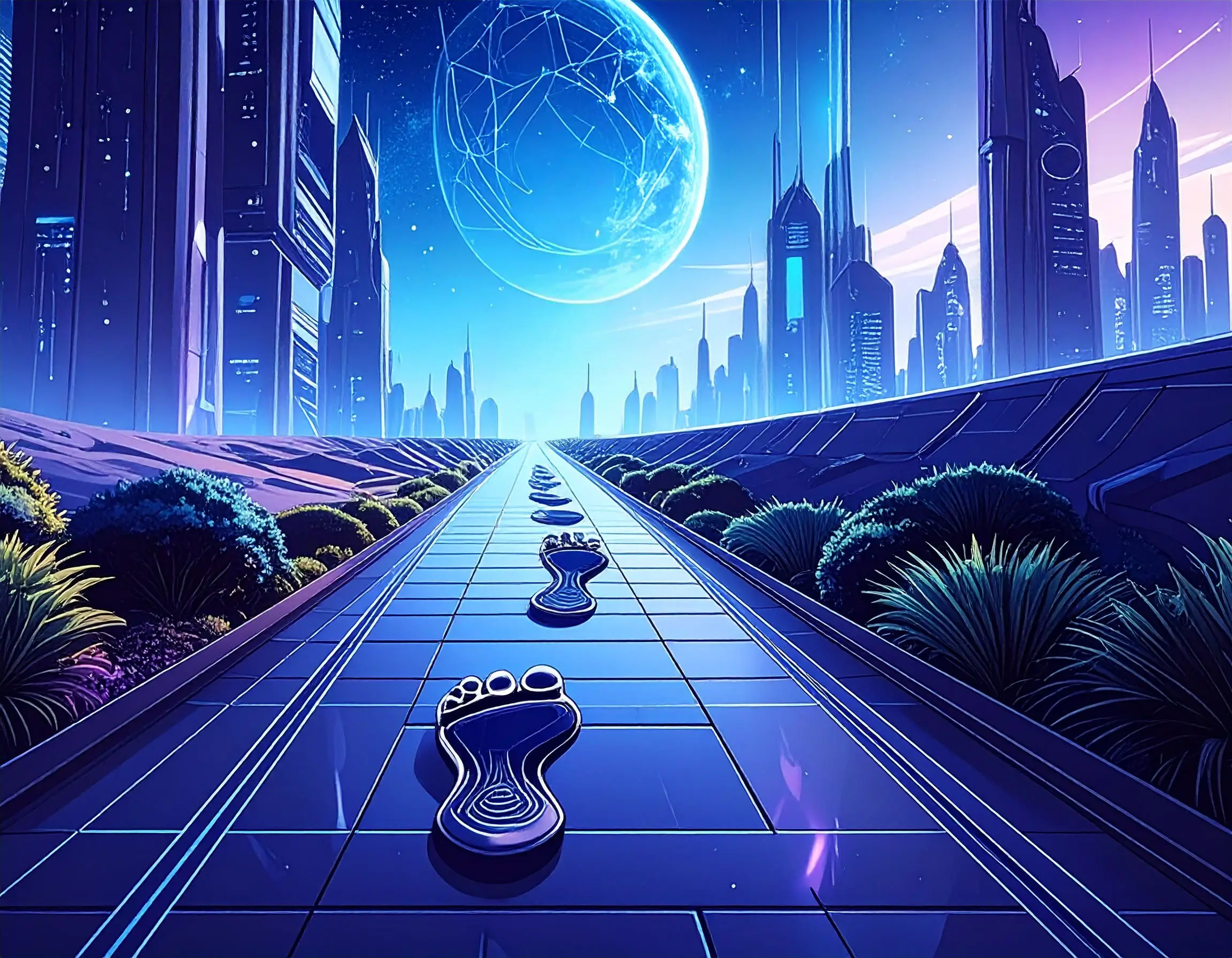 Futuristic scene of footprints along a path heading off in the distance.