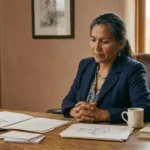 Woman with grey hair sitting at a desk reviewing documents.