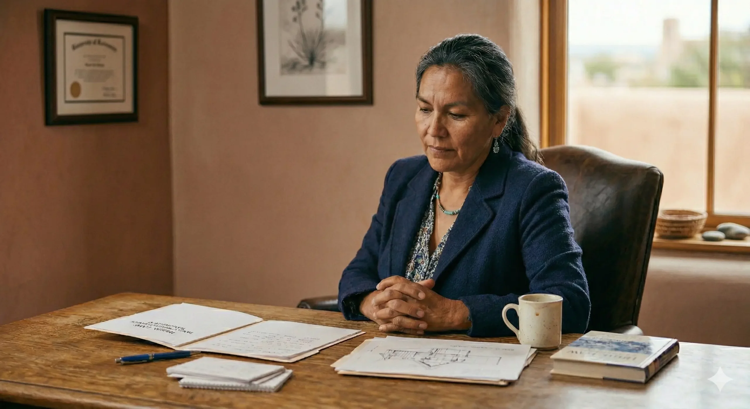 Woman with grey hair sitting at a desk reviewing documents.