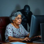 Grandmother in front of a computer with a fictionalized cyberstalker behind her.