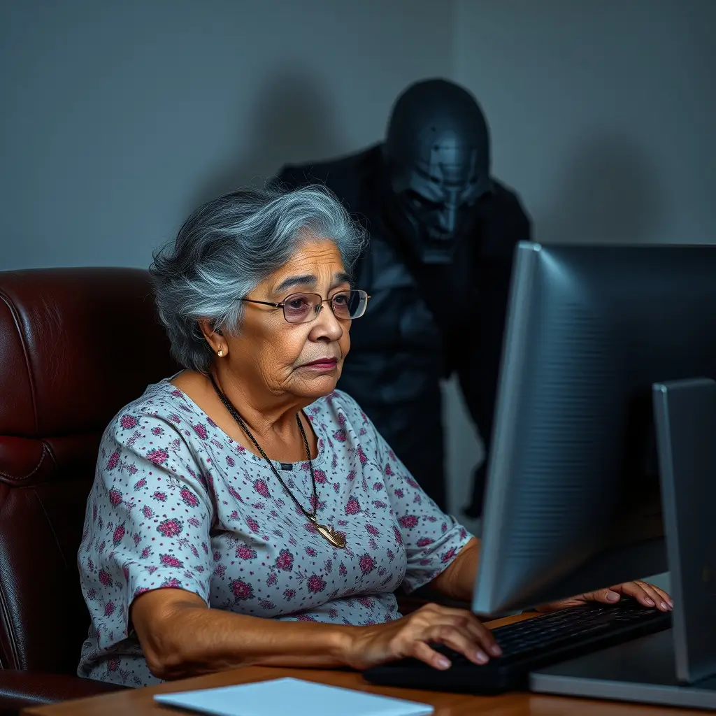 Grandmother in front of a computer with a fictionalized cyberstalker behind her.