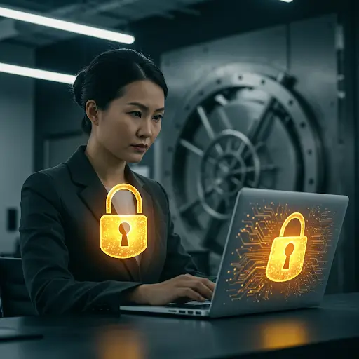 asian woman typing on laptop with gold lock on her and the laptop lid