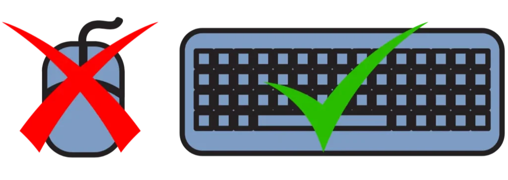 a computer mouse with a red X on it and a computer keyboard with a green check on it