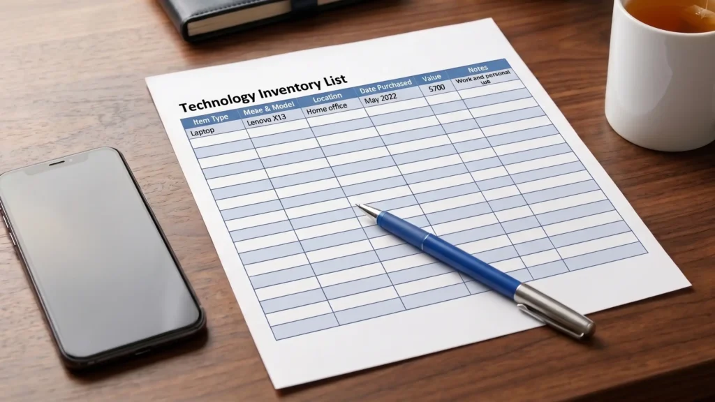 A blank technology inventory list on a wooden surface.