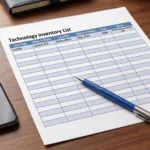 A blank technology inventory list on a wooden surface.